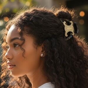 Luxury glossy black gold tone sparkling crystal claw hair clip Cel logo New